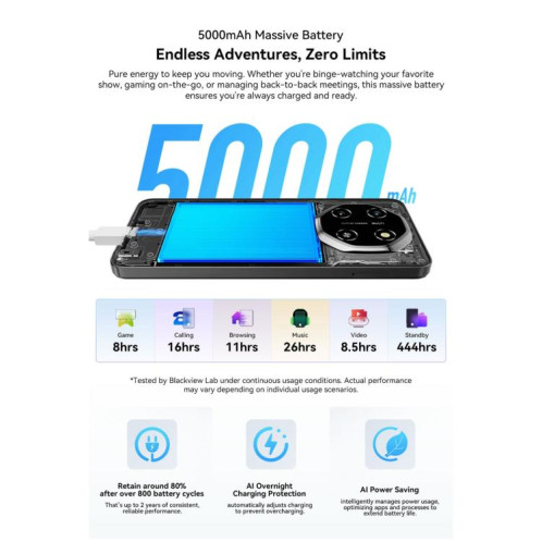 Blackview SHARK 6 5G, 4 Go + 128 Go, écran 6,88 pouces, Android 15, processeur Unisoc UMS9620 T8100 Octa Core, réseau : 5G, NFC, OTG (Phantom Black) SB926B258-033